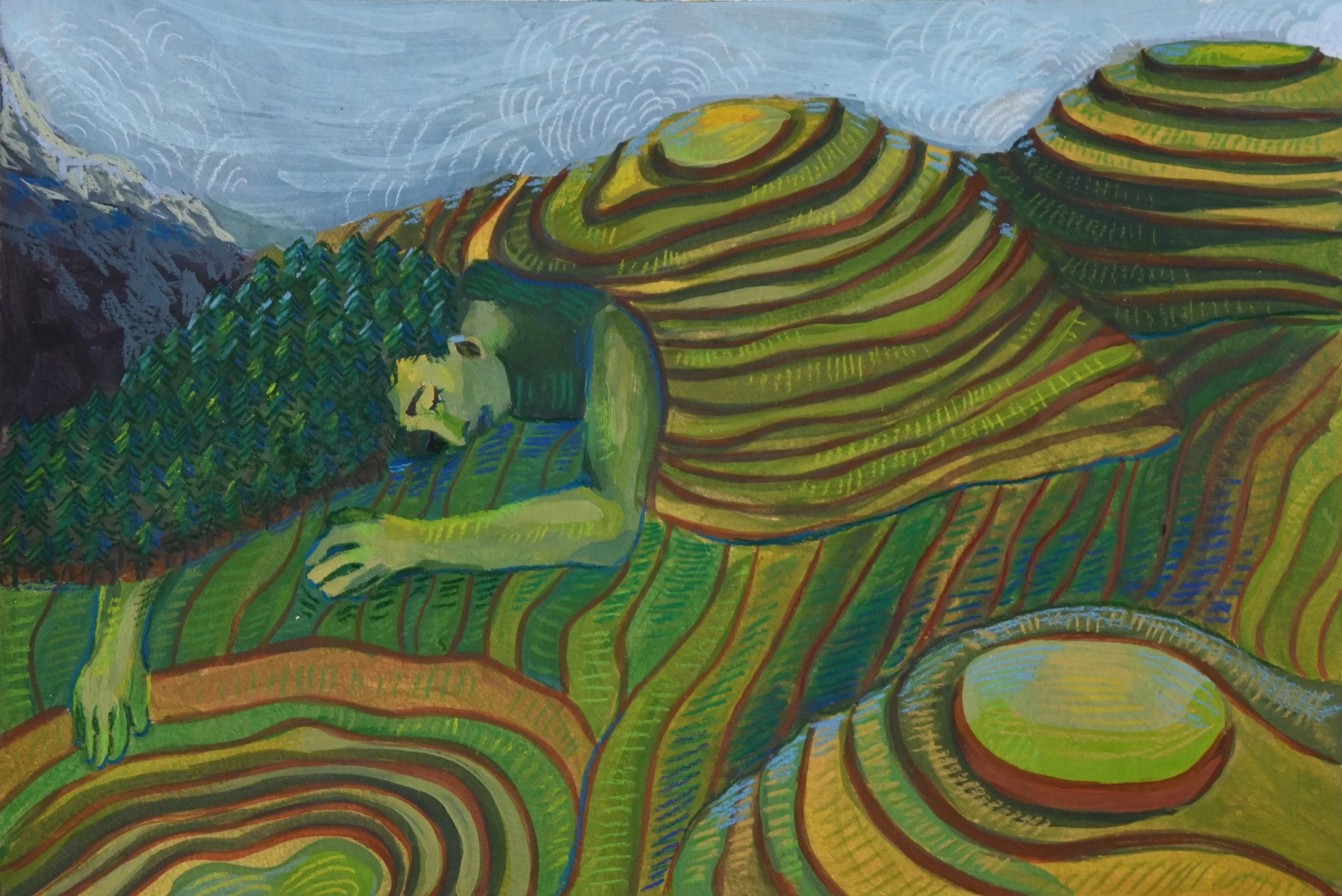 "Slumber" Gouache paint and colored pencil, 9 x 12 in