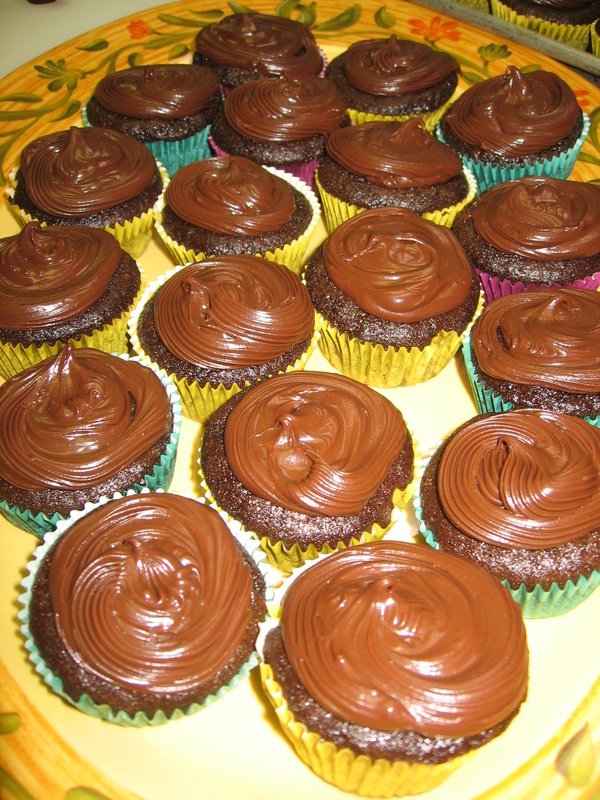 A tray of chocolate cupcakes in colorful paper liners with creamy chocolate frosting.