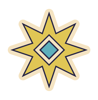 A stylized star shape with yellow, blue, and black outlines and a diamond pattern in the center.