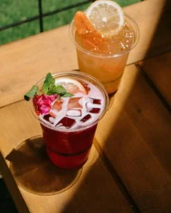 Two colorful beverages on a table, one with ice, floral garnish, and lime slice, the other with an orange slice and ice