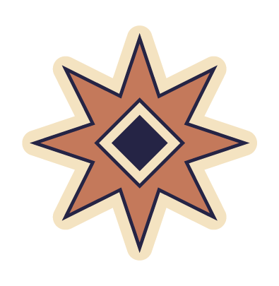 Stylized star or flower shape with brown, black, and cream geometric patterns.