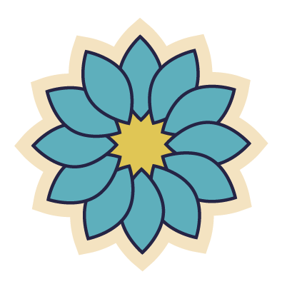 A stylized blue flower with multiple petals and a yellow center.