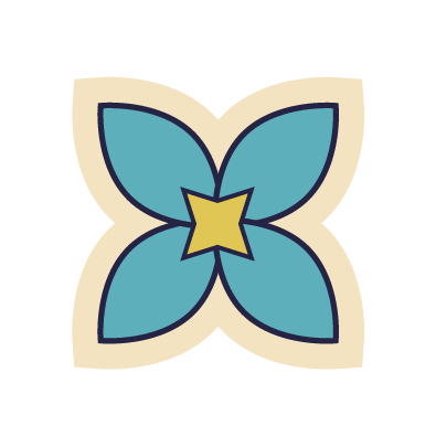 A stylized flower with four blue petals, a yellow star in the center, and a black outline.