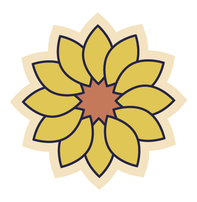 Simplified, stylized sunflower with yellow petals and a brown center on a black background.