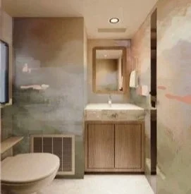 Bathroom with a toilet, wooden cabinet, rectangular mirror above sink, and bathroom door.