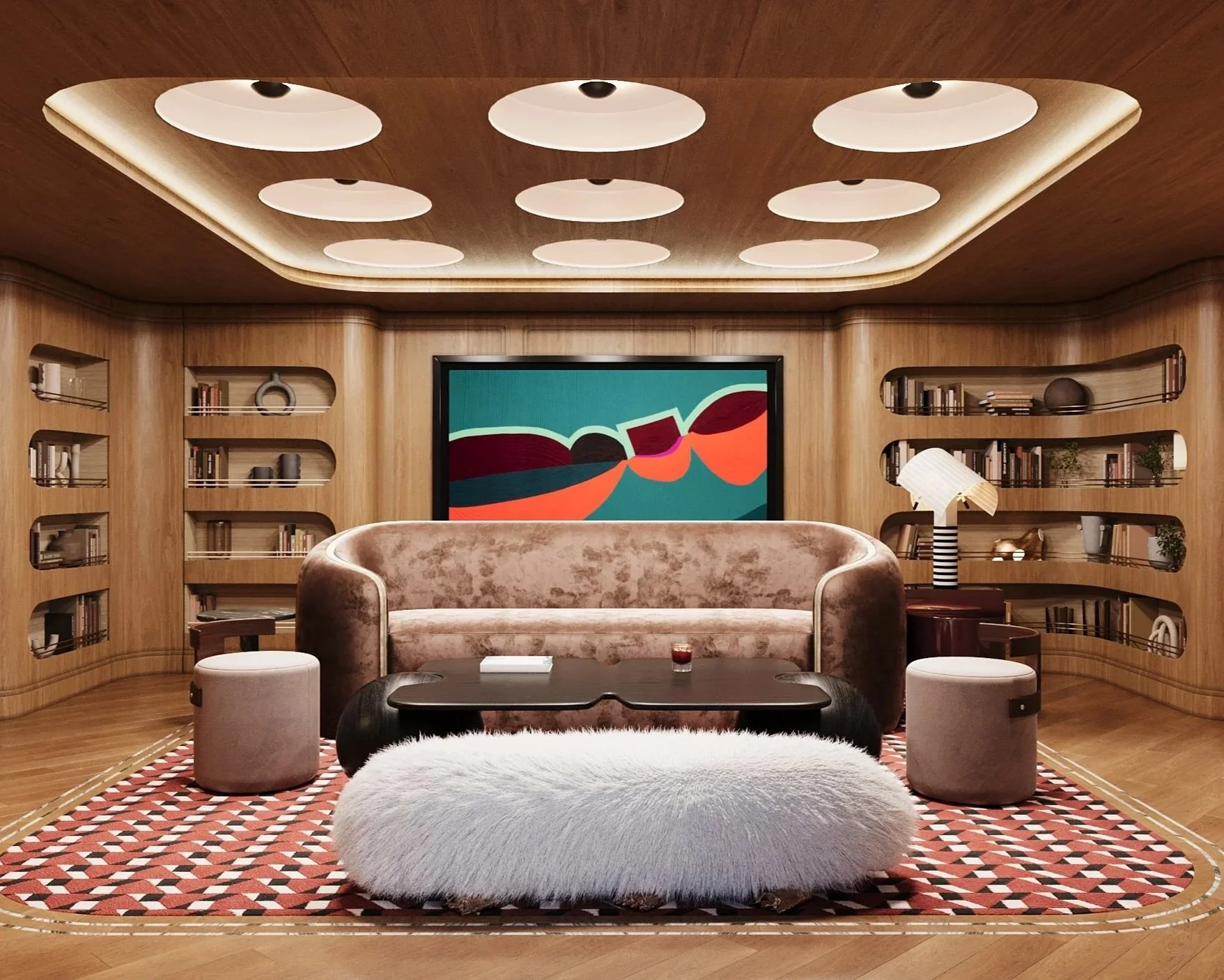 A cozy living room with wooden walls and built-in bookshelves, a velvet sofa, a fluffy white rug, and a colorful abstract painting on the wall.