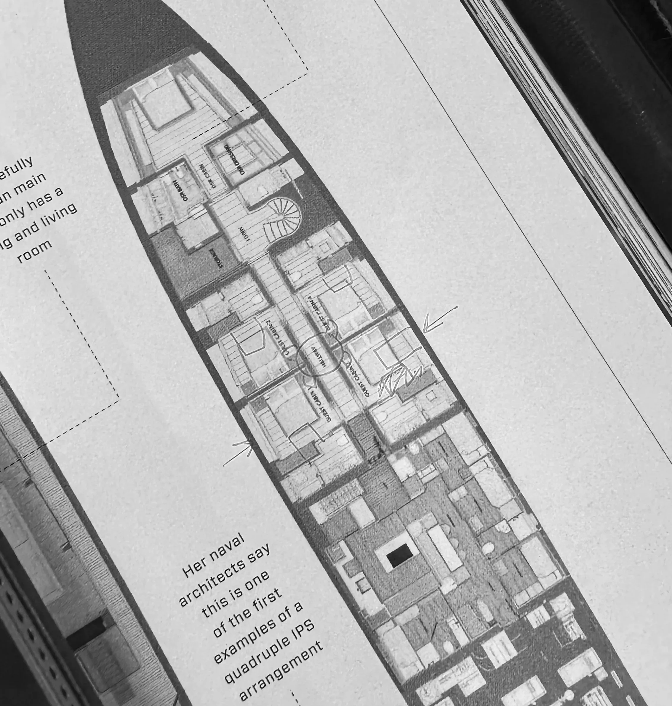 Black and white architectural floor plan of a ship's interior layout with labeled rooms and corridors.