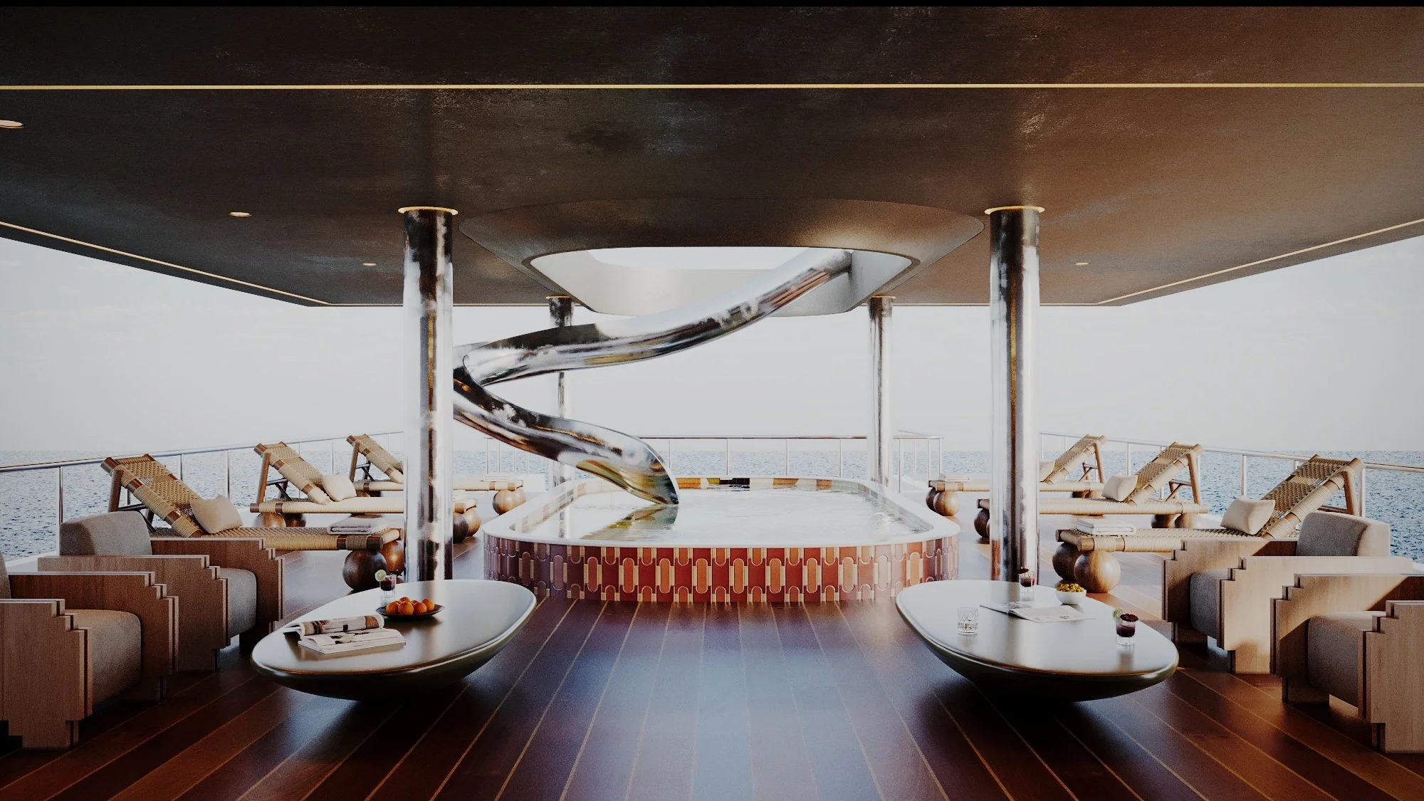 Outdoor pool area on a cruise ship with a swirling slide, lounge chairs, and coffee tables overlooking the ocean.