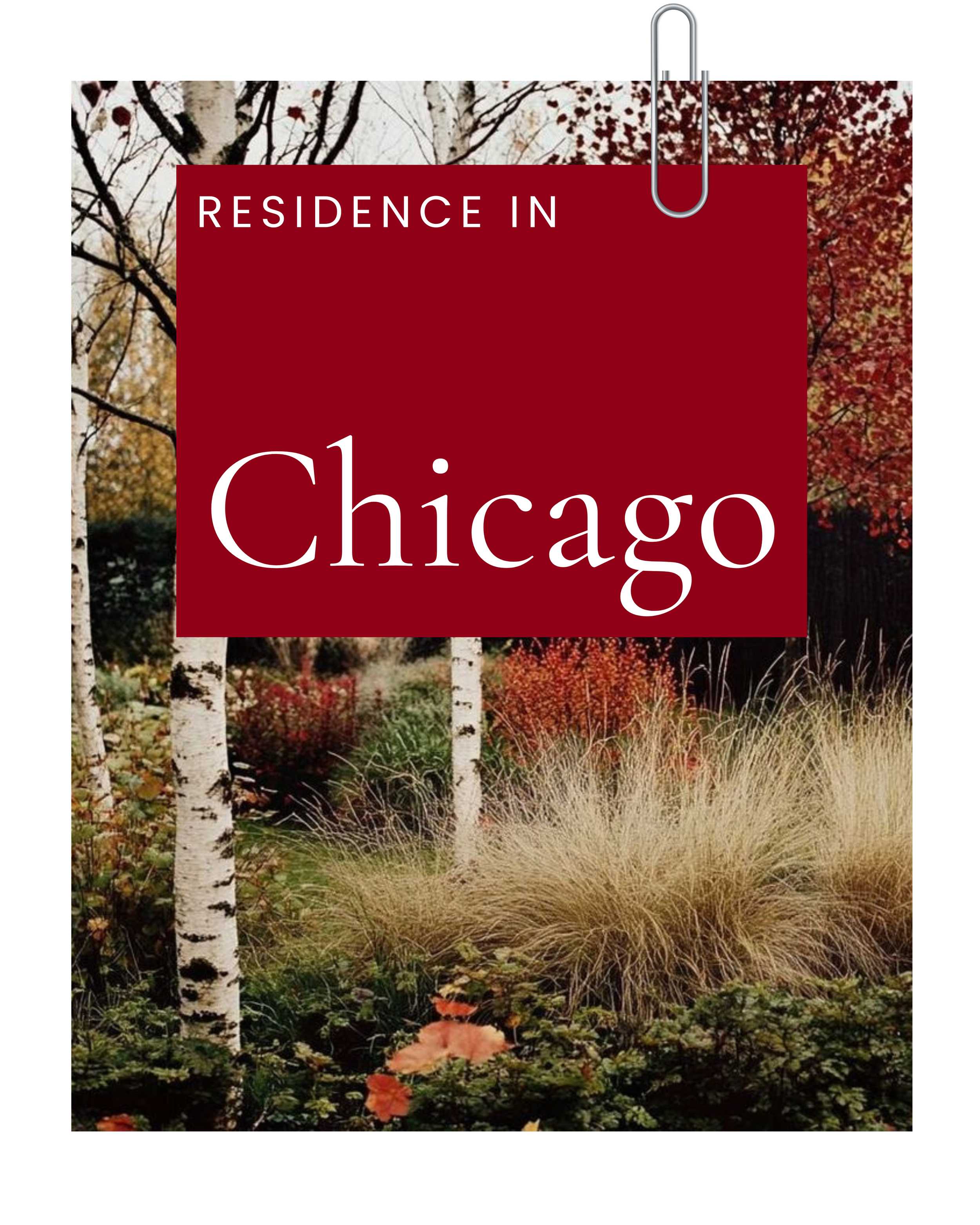 Book cover titled 'Residence in Chicago' with autumn scenery including trees with colorful leaves, grasses, and shrubs.