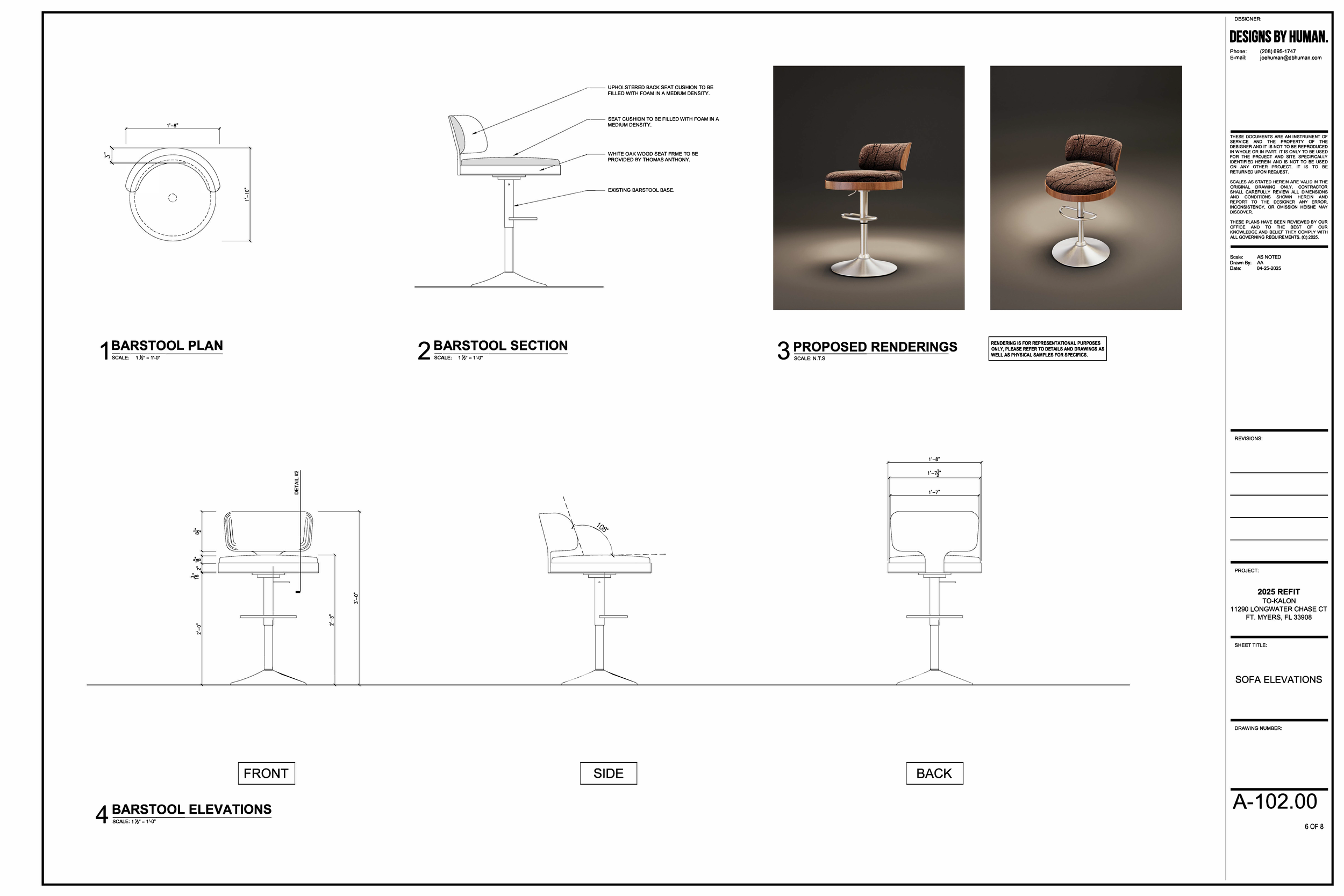 Technical design drawing of a barstool, featuring a top view, sectional side view, and elevation views, with two proposed rendered images of the completed barstool.
