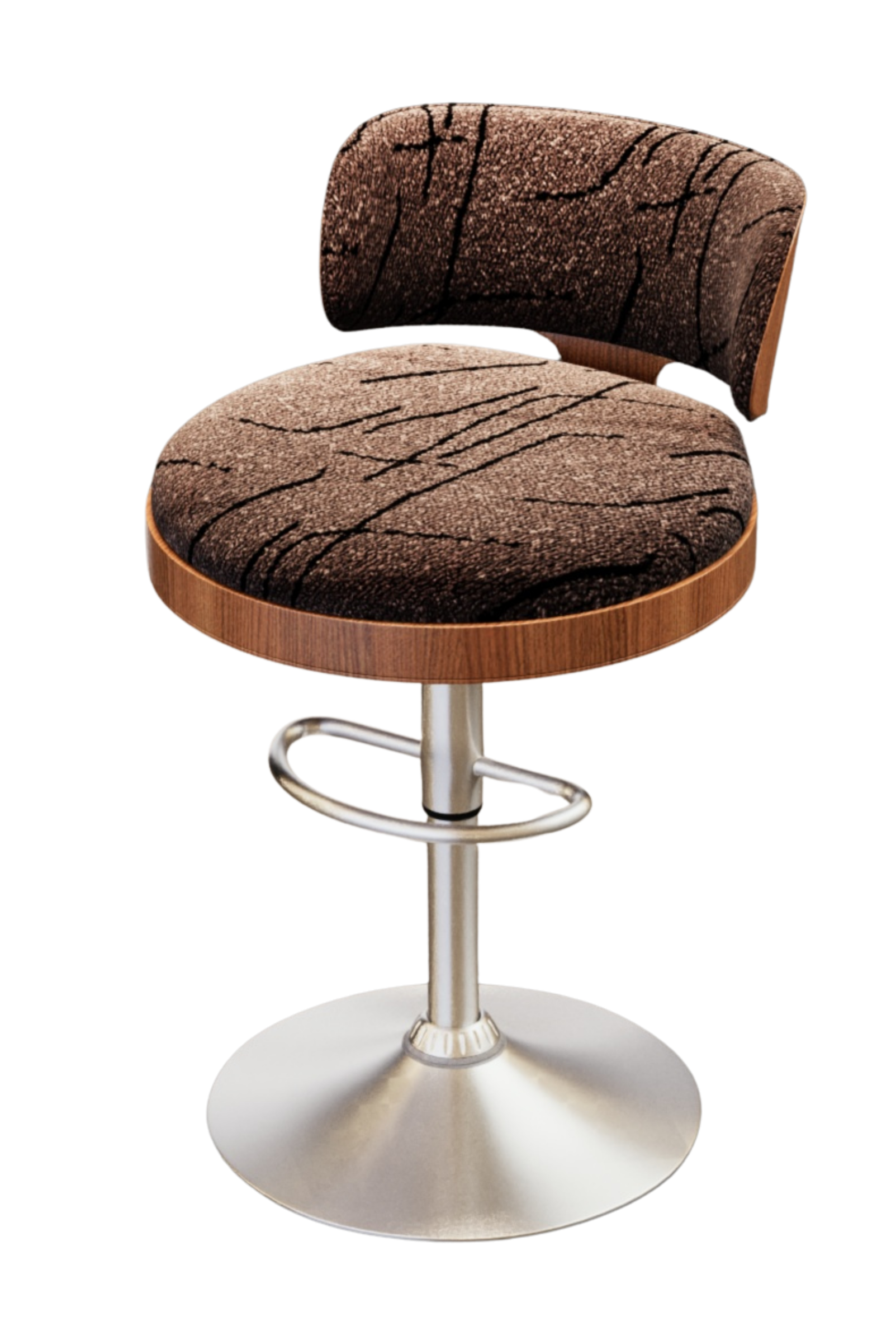 Modern office chair with a round cushioned seat, curved backrest, wooden trim, and a metal base.