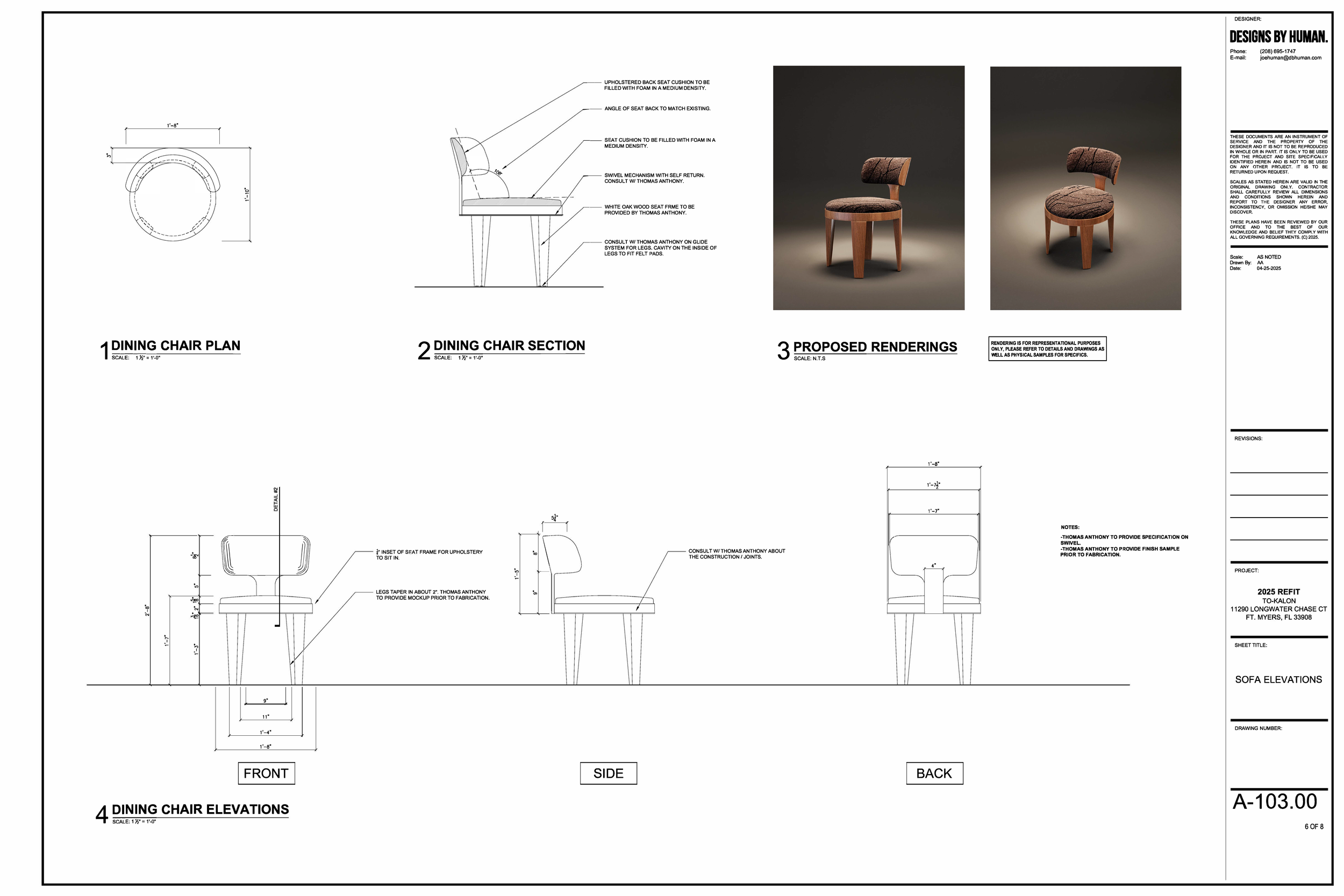 Detailed technical drawing and digital renderings of a dining chair design, including front, side, and back views, along with a section view and artistic renderings of the finished chair. The drawing includes measurements, construction notes, and material specifications.