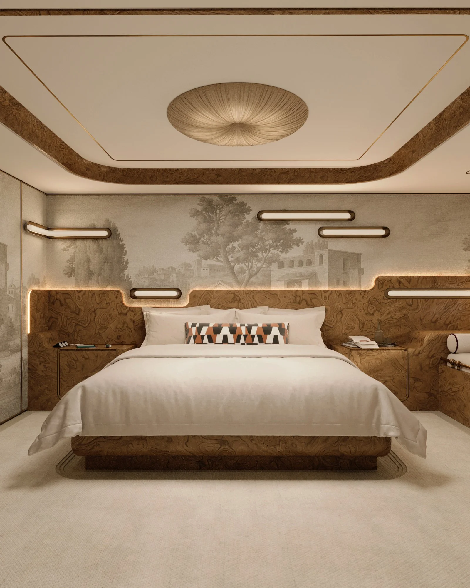 A modern bedroom with a large bed, white bedding, decorative pillows, and wooden headboard. The wall behind has a mural of a scenic landscape with trees and buildings, accented by wall-mounted lights. The ceiling features a unique circular ceiling fixture, and there are nightstands with phones, books, and other items.