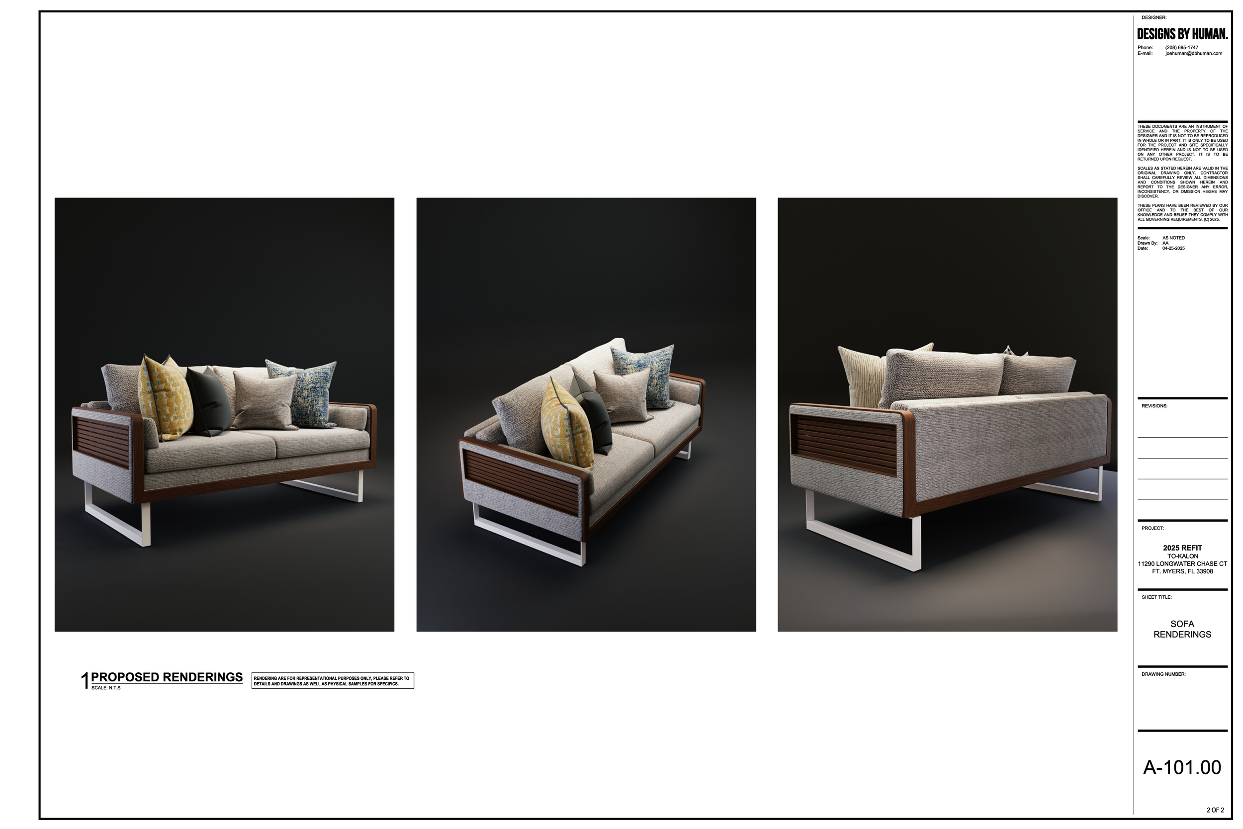 Three digital renderings of a modern sofa with wooden accents and multiple throw pillows, viewed from different angles on a dark background.
