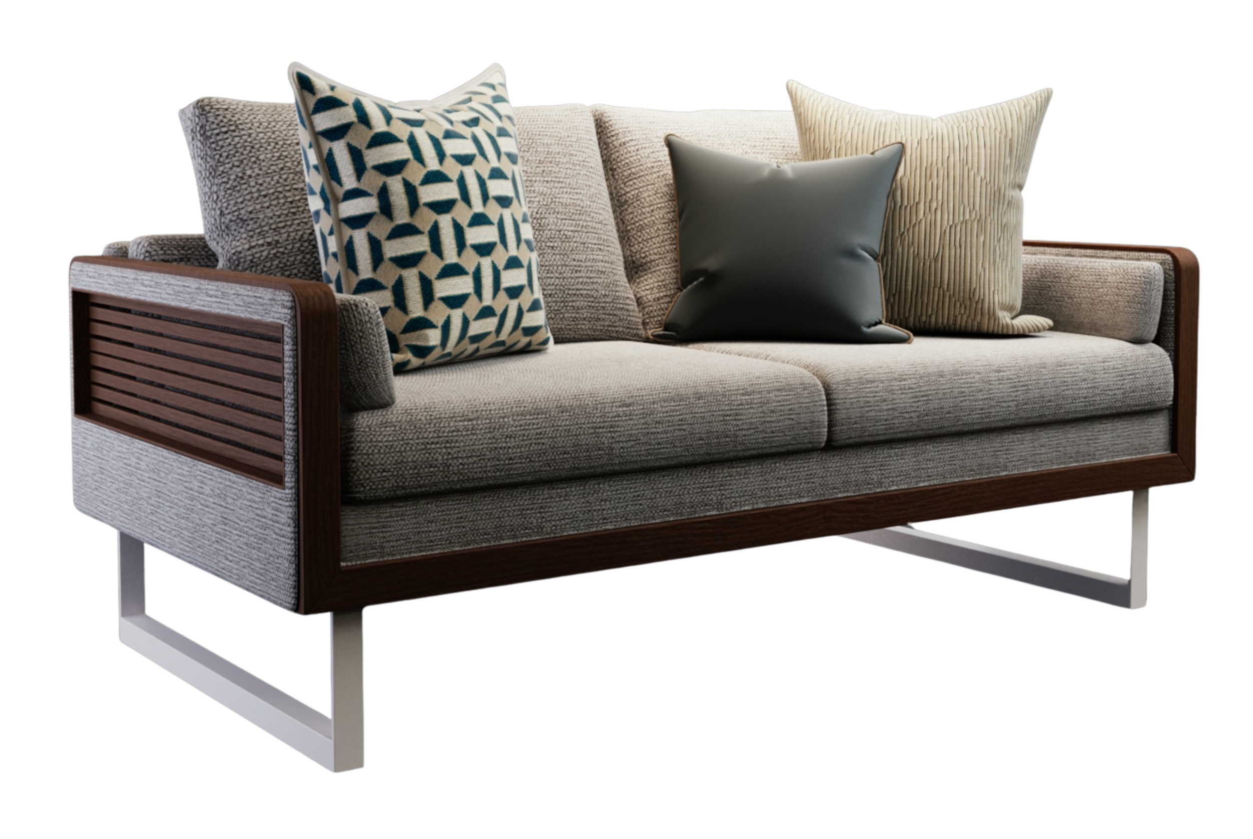 Modern gray fabric sofa with wooden arms and metal legs, decorated with three patterned and solid throw pillows.