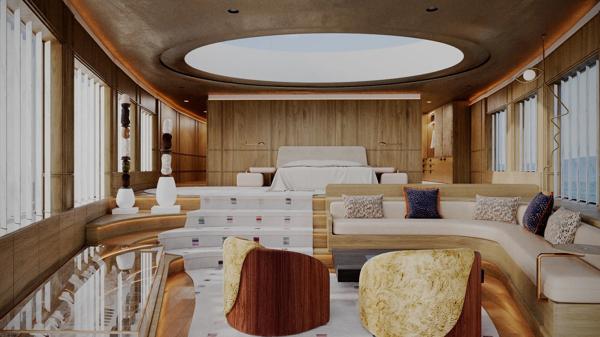 Luxurious bedroom with a skylight ceiling, wooden walls, and modern furniture including a bed, sofa with decorative pillows, armchairs, and vases.