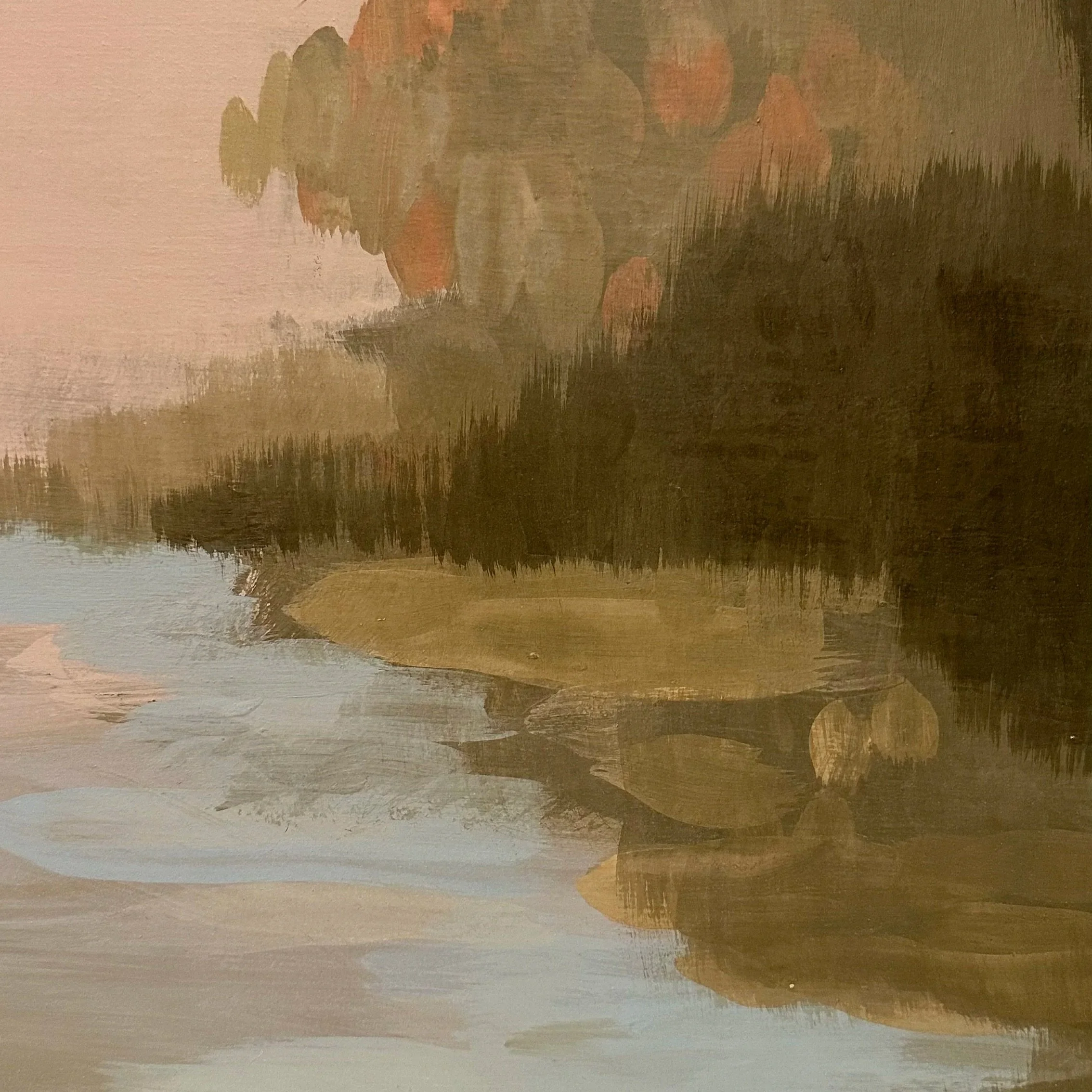 Abstract landscape painting with trees, water, and sky in muted earth tones and soft brushstrokes.