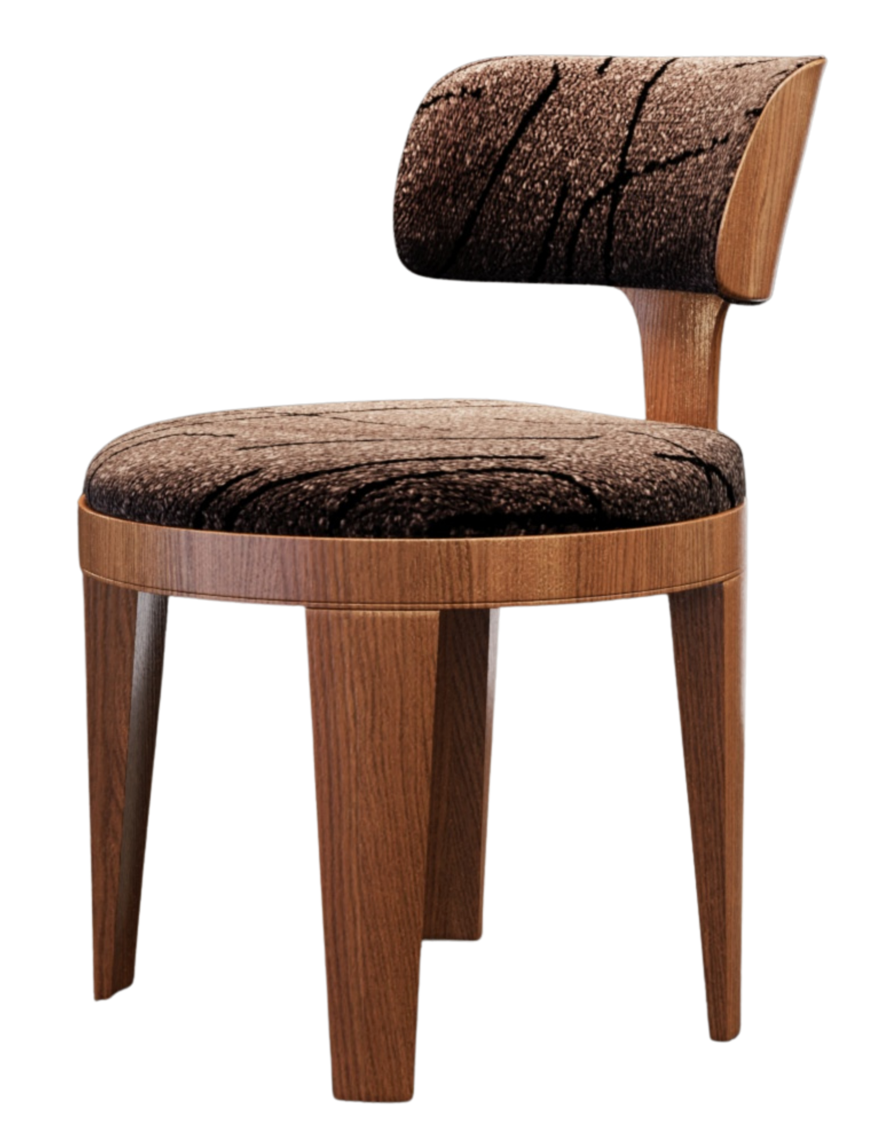 A modern wooden chair with a cushioned seat and backrest covered in textured fabric.