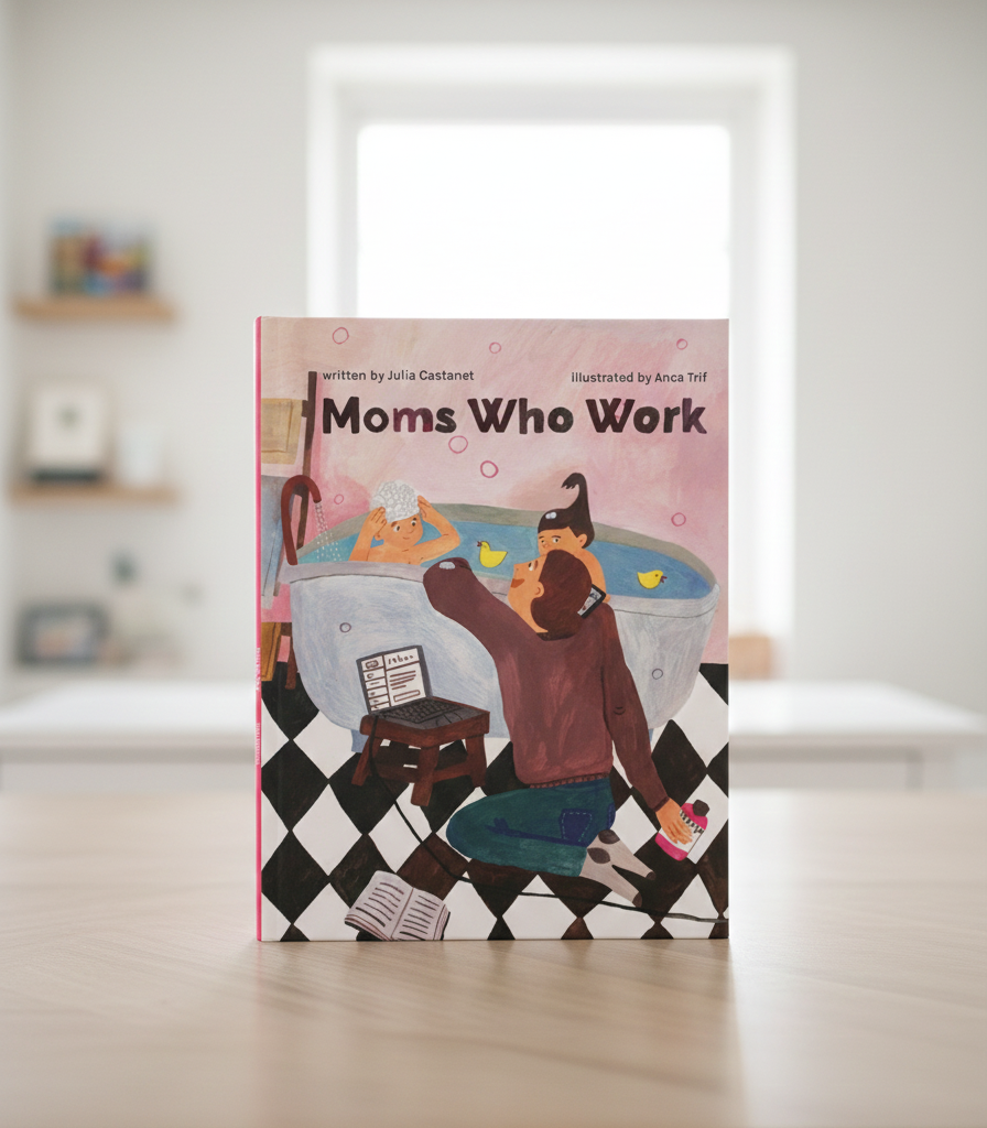 Children surrounding a mother in a bathtub with bath toys, while she uses a laptop and books are on the floor nearby.