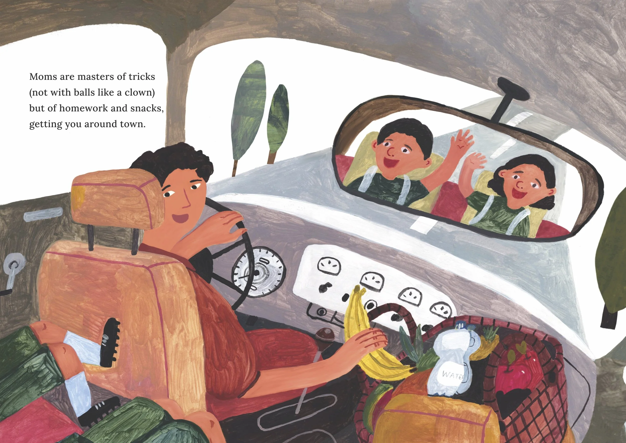 Illustration of a woman driving a car, with two children in the back seat seen through the rearview mirror. The woman has bananas and water in the car. The text mentions moms managing homework and snacks while on the move.