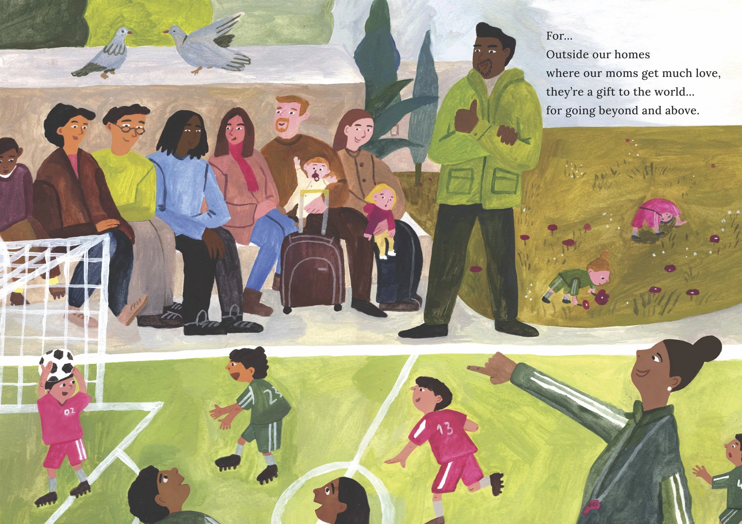 Illustration of a diverse group of people gathering outdoors for a community or school event. Some children are playing soccer, and a woman with a bun is pointing or giving directions. There are  some children picking flowers or exploring nearby plants. A quote on the right reads about the importance of
