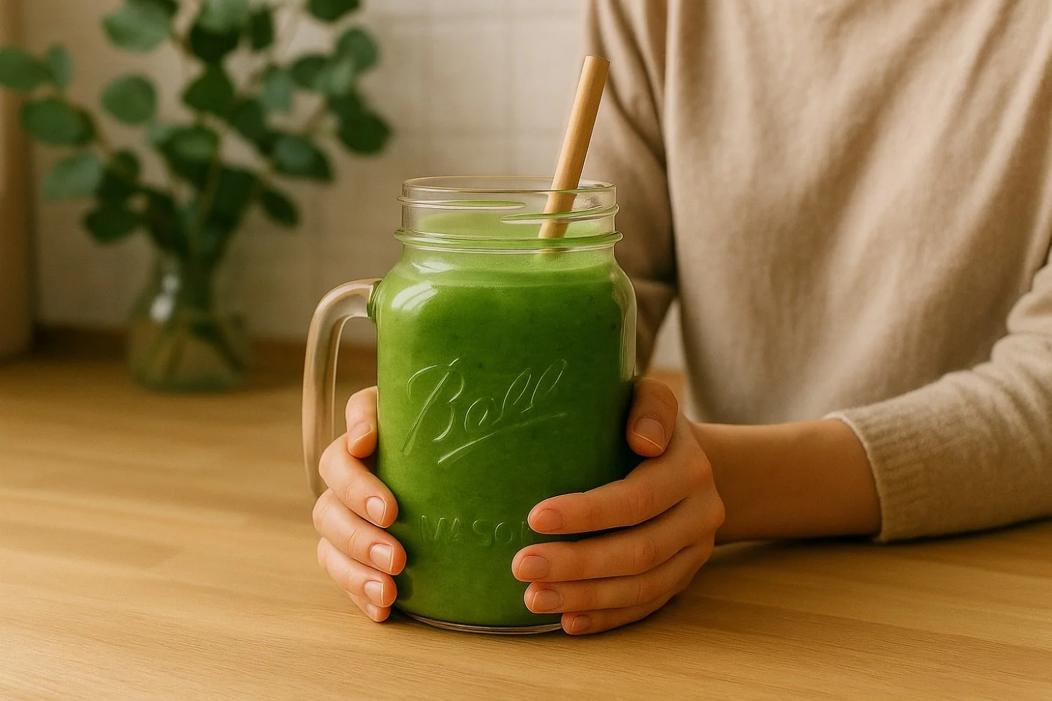 Person holding a glass jar with a green smoothie and a wooden straw on a wooden table.