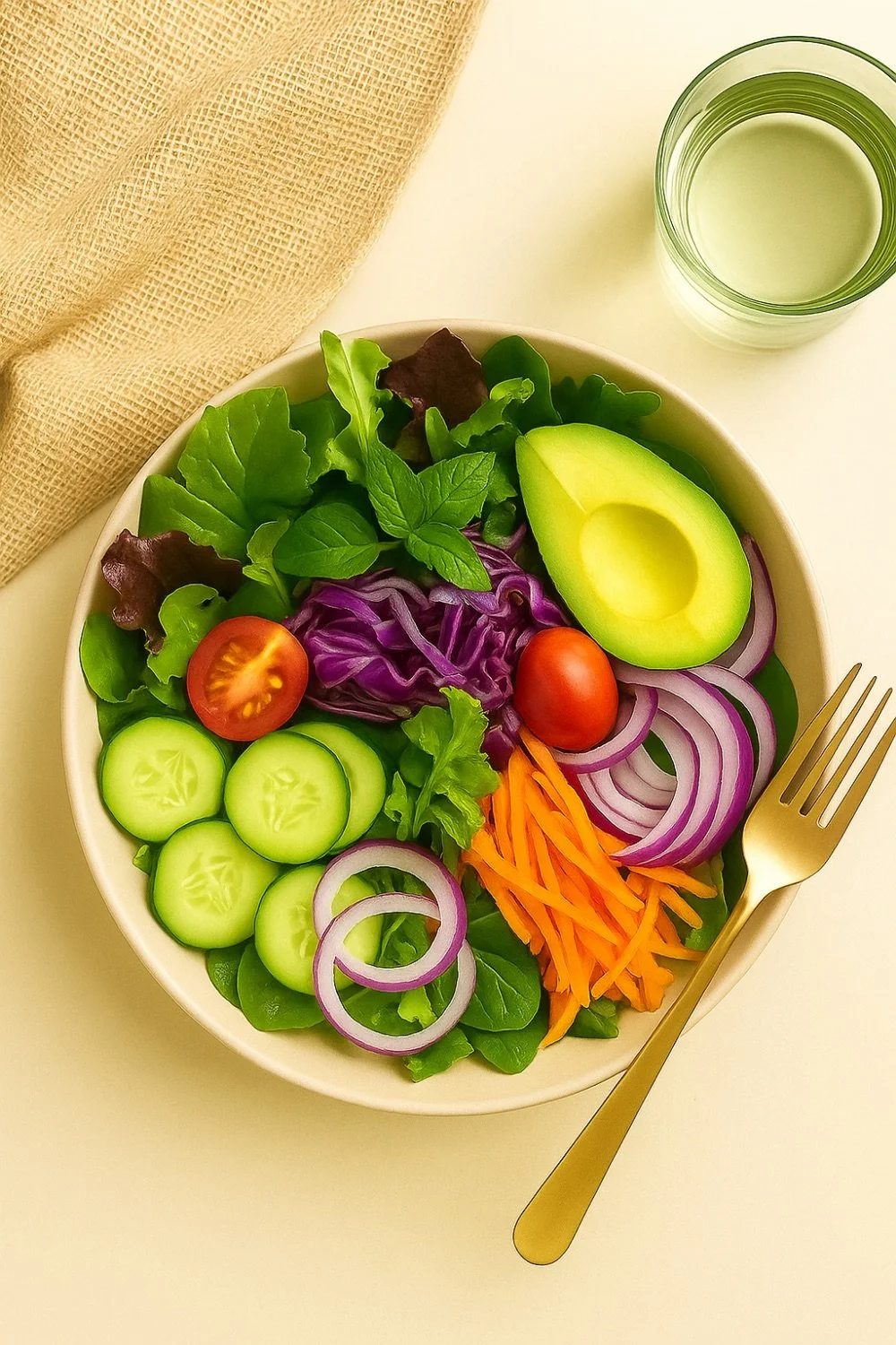A colorful salad with cucumber slices, cherry tomatoes, shredded carrots, red onion slices, purple cabbage, leafy greens, and half an avocado in a white bowl, with a glass of water and a gold fork nearby.