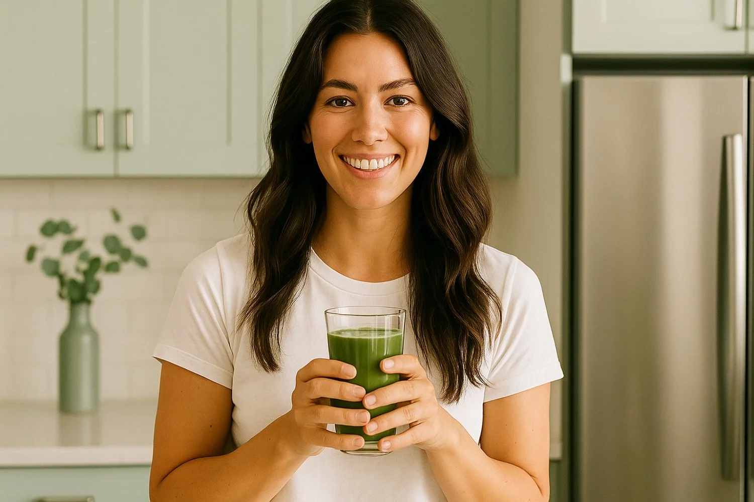 A woman with long dark hair smiling and holding a glass of green juice in a kitchen with light green cabinets and a vase with greenery in the background.