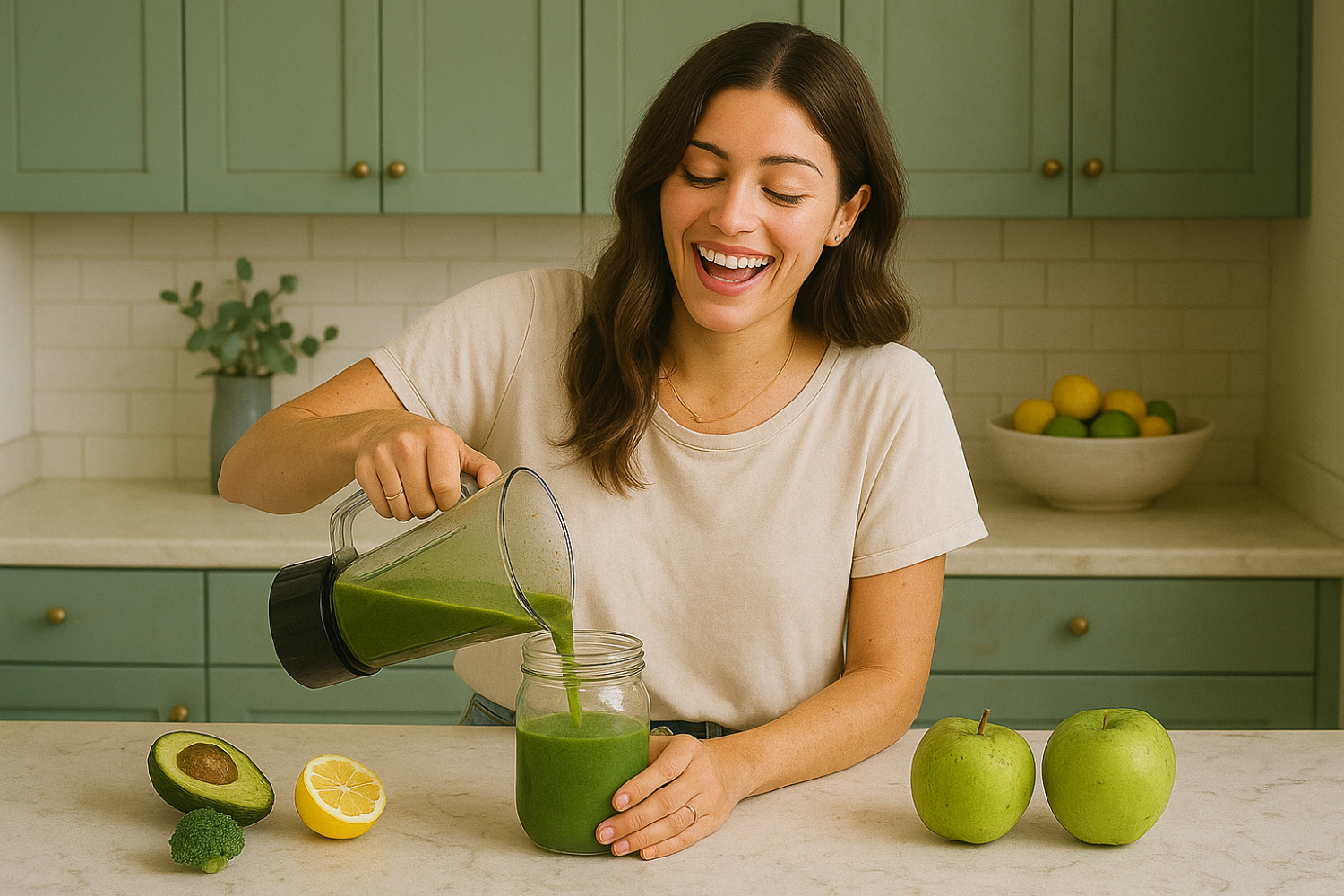 A woman smiling and pouring green juice from a blender into a glass jar in a kitchen. On the countertop are an avocado half, a lemon half, a broccoli floret, and two green apples. In the background, there is a bowl of lemons and limes on the counter and a potted plant.