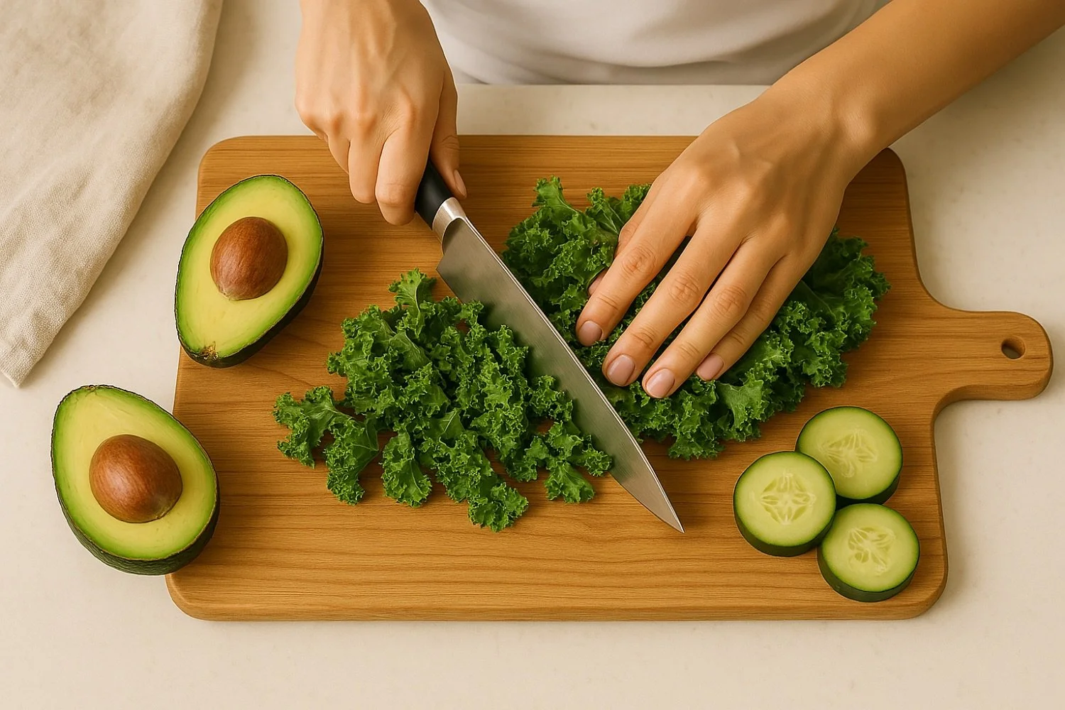 A person chopping kale on a wooden cutting board, with sliced cucumber and halved avocados nearby.