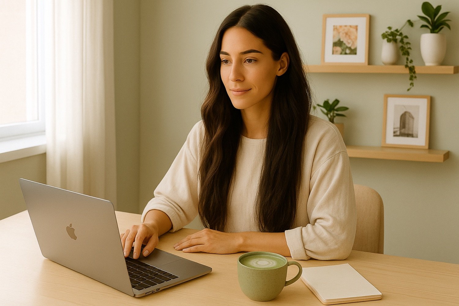 A woman with long brown hair using a silver MacBook laptop at a wooden desk in a room with light green walls, a window with sheer curtains, green potted plants, and framed pictures on shelves.