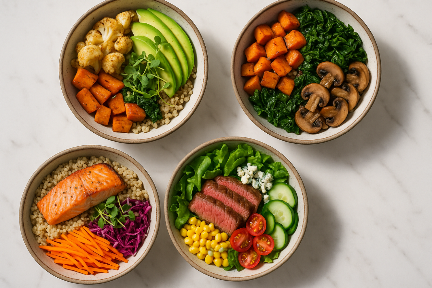Four bowls of healthy food on a white surface, including grains, vegetables, and protein.