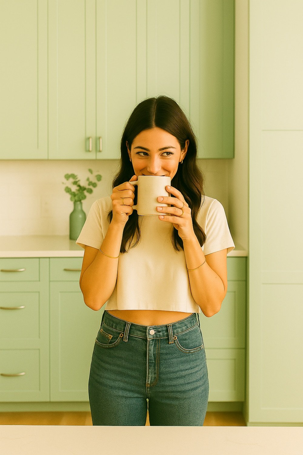 A woman with long dark hair, wearing a cream crop top and jeans, stands in a light green kitchen, smiling and drinking from a beige mug.