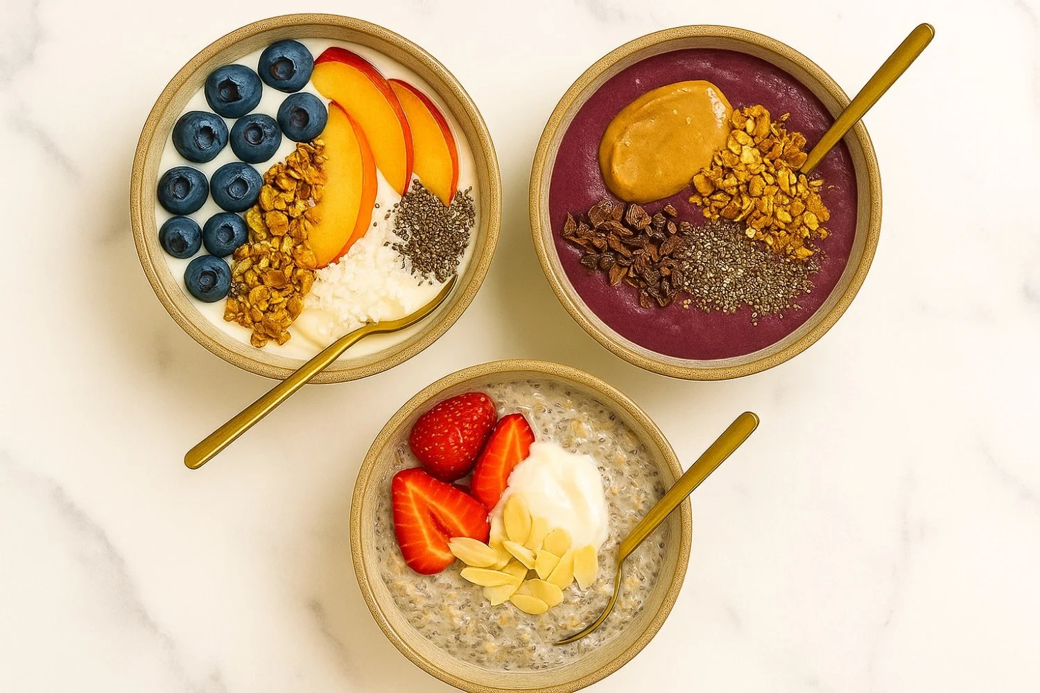 Three bowls of oatmeal topped with fresh fruits and seeds, including blueberries, peaches, strawberries, sliced almonds, and chia seeds, with a spoon in each bowl on a white marble surface.
