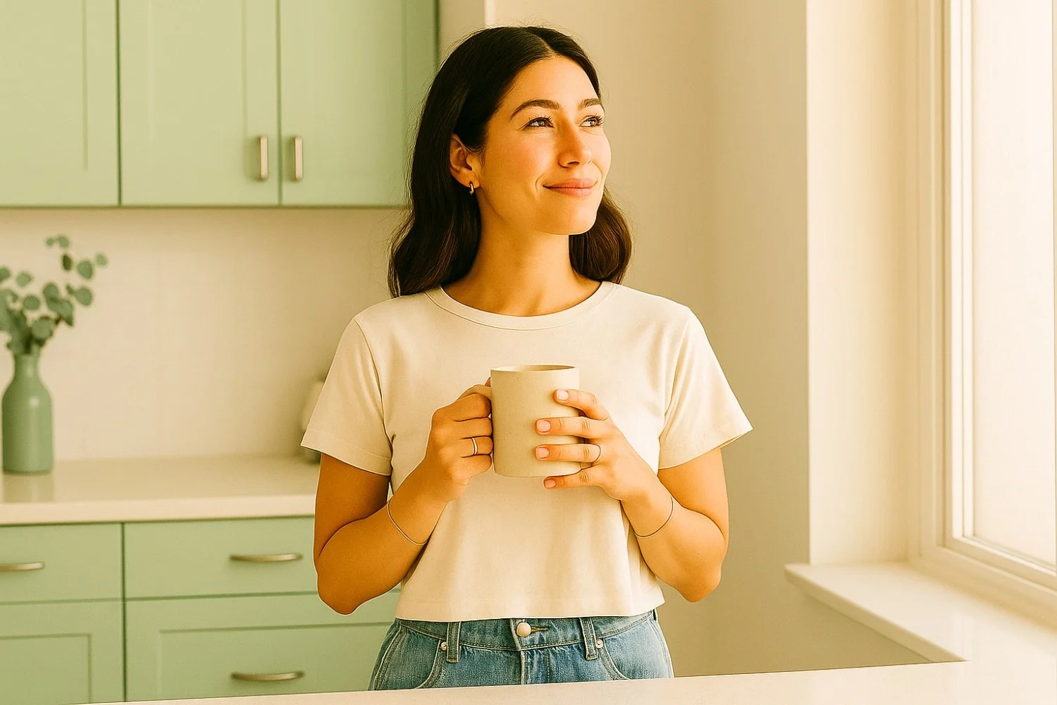 A woman with dark brown hair, wearing a beige t-shirt and blue jeans, holding a large beige mug, standing in a bright kitchen with green cabinets and a window.