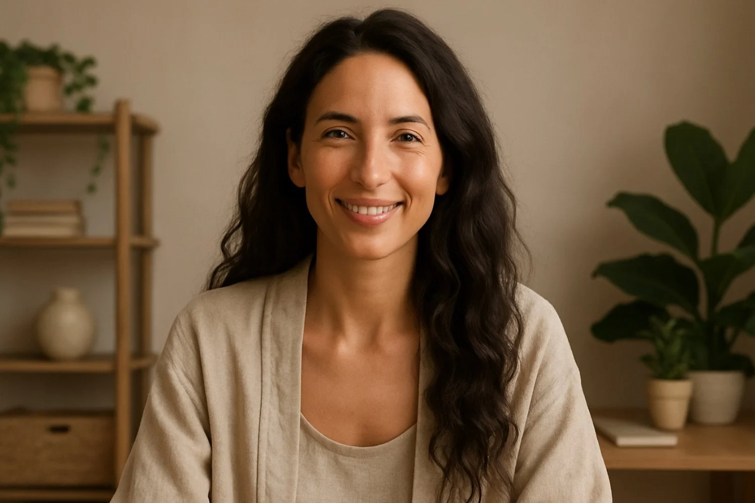 A woman with long, dark, wavy hair smiling at the camera, sitting in a cozy room with a wooden shelf, potted plants, and books in the background.