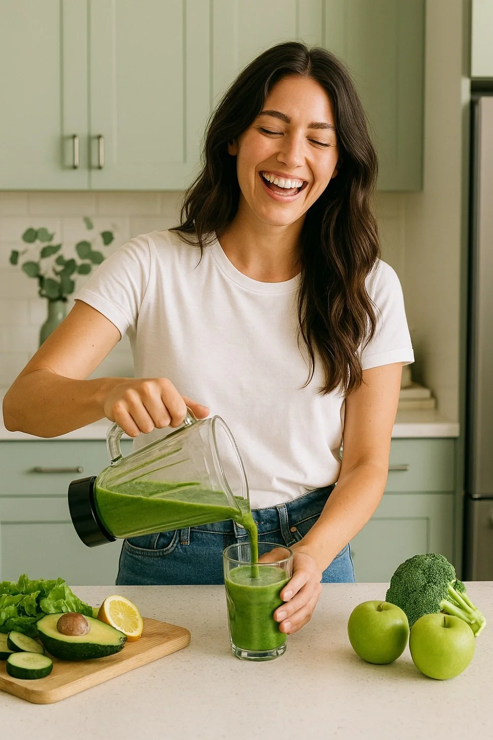 A woman with long dark hair smiling while pouring green smoothie into a glass in a modern kitchen surrounded by green apples, broccoli, avocado, lemon, and leafy greens.