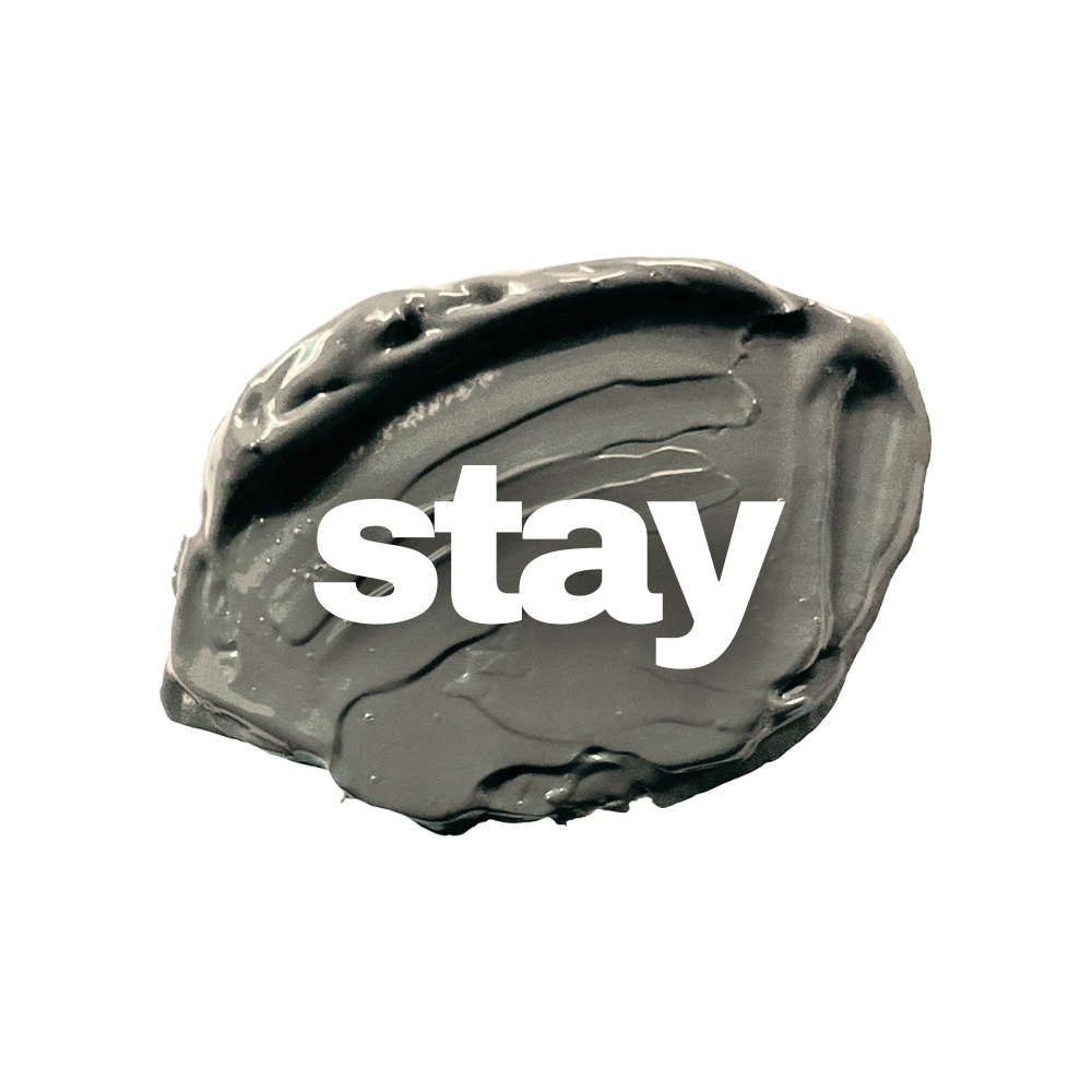 A black, muddy rock with the word 'stay' written across it in white text.