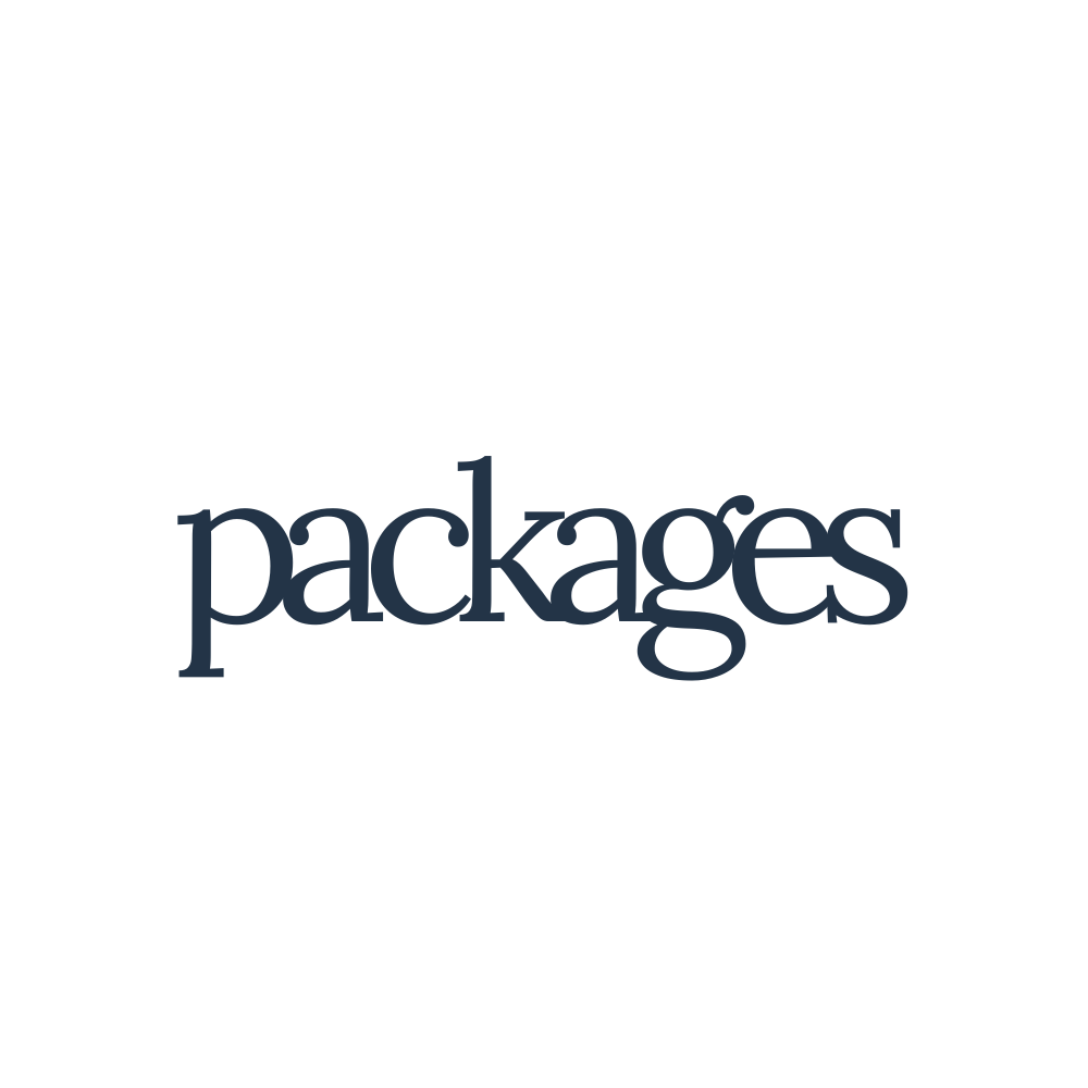 Graphic design featuring a person in a suit, holding a tray with a package, and the word 'packages' in large font.