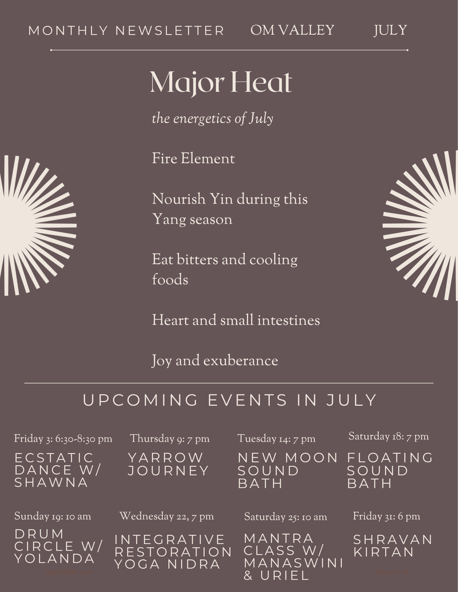 A newsletter cover titled 'Monthly Newsletter Om Valley July' with sections on the major heat and upcoming events in July. It includes themes like fire element, nourishing yin, eating bitters, heart and small intestines, joy and exuburance, and lists