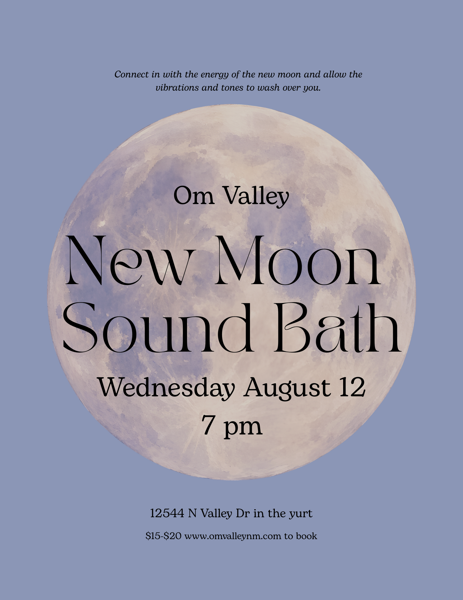 A promotional poster for a sound bath event at Om Valley, featuring an illustrated large moon with text advertising the event date, time, location, price, and a website for booking, set against a blue background.
