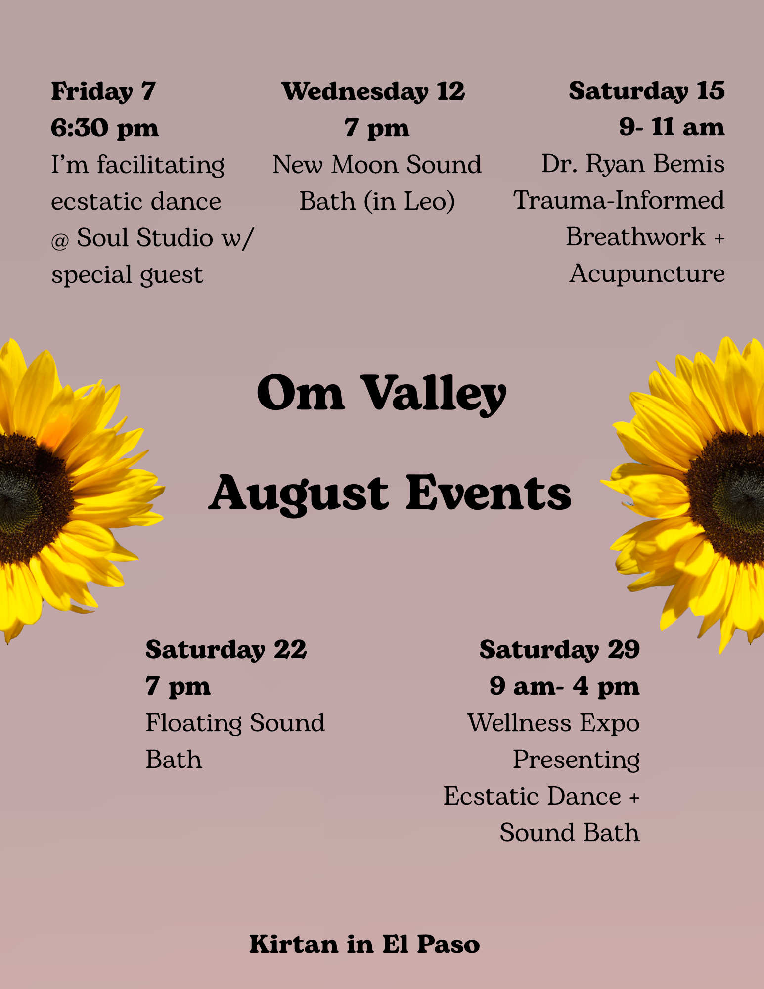 A schedule of events for Om Valley's August Events, with each event date, time, and description, decorated with sunflowers at the corners.