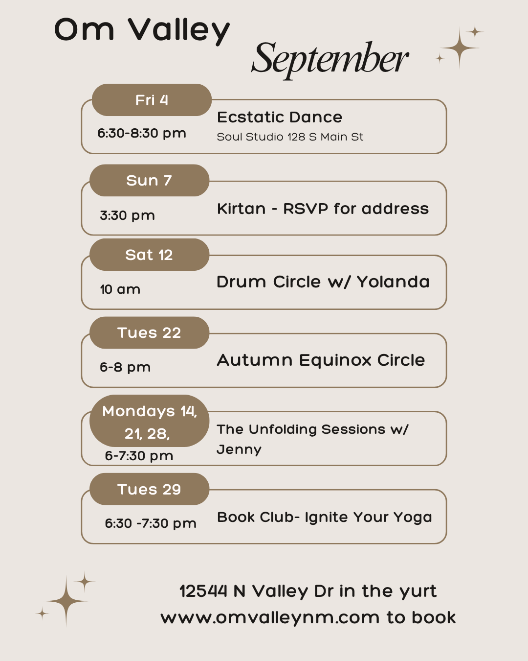 Schedule of events for Om Valley in September, including dance, Kirtan, drum circle, equinox circle, and book club, with dates, times, and locations.