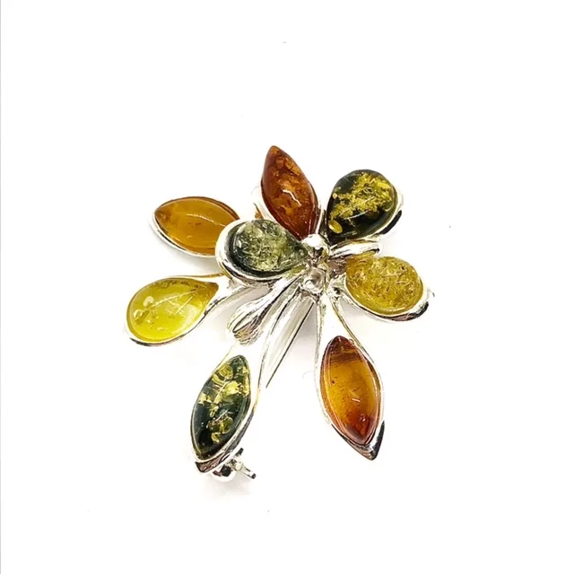 Flower Brooch Multi Color Amber Sterling Silver