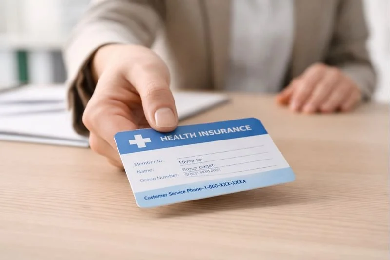 Person holding a health insurance card over a wooden table.