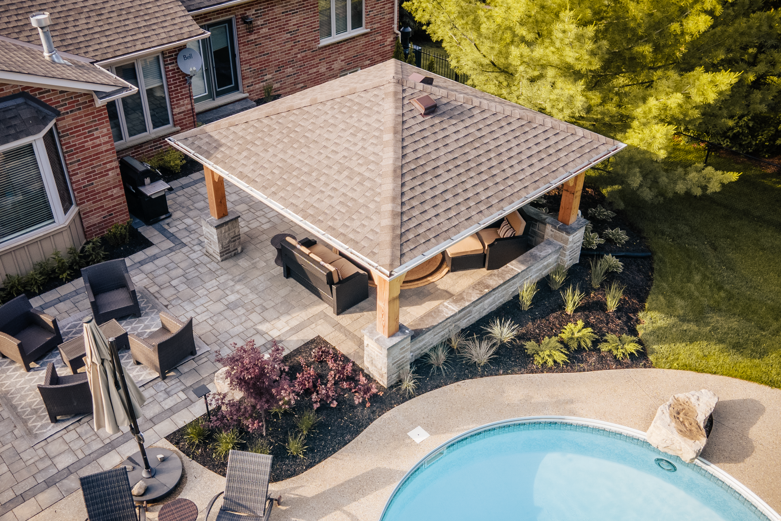 Bridle, custom Pavilion, rough sawn pine & natural stone