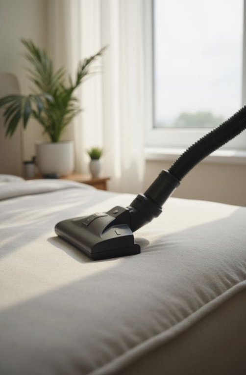 Vacuum cleaner attachment on a bed in a bright room with a window and houseplants.