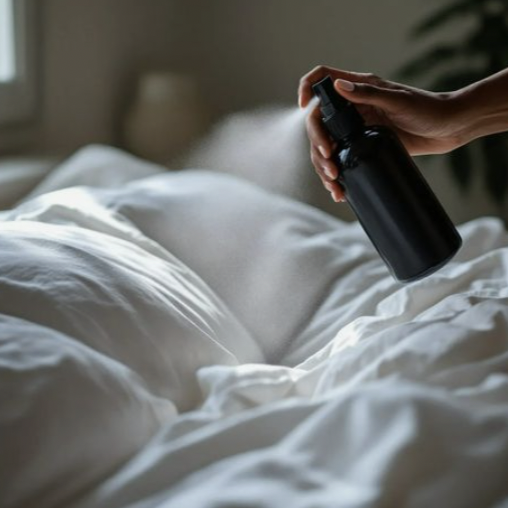 Person spraying a bed with a black spray bottle.