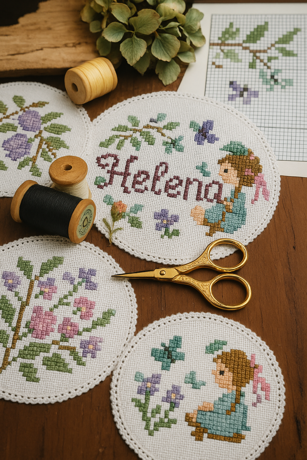 Bastidores bordados em ponto cruz, apresentando uma menina com um laço rosa, flores e o nome “Helena” em uma das peças, cercados por tesoura de costura, carretéis de linha, uma folha de receita ou gráfico e uma planta.