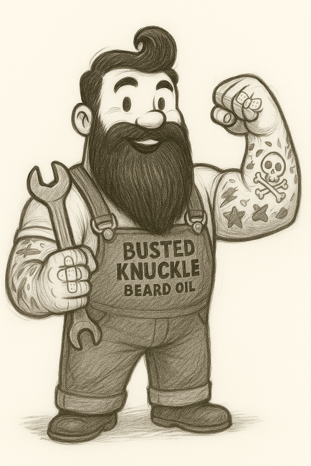 Drawing of a bearded man with tattoos, holding a wrench and wearing overalls that say 'BUSTED KNUCKLE BEARD OIL.' He is smiling and flexing his arm.